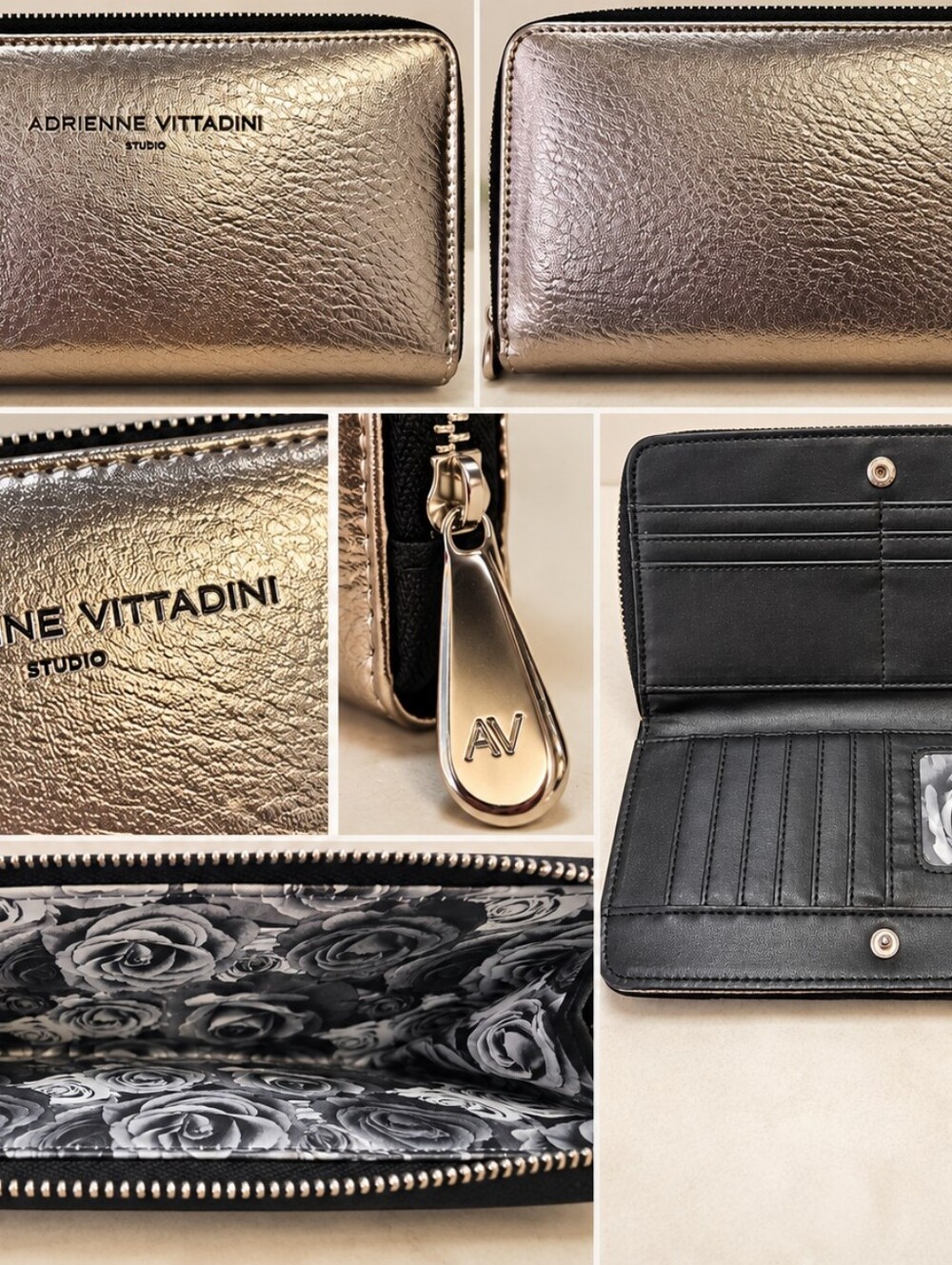 Adrienne Vittadini Metallic Rose Gold Zip Wallet